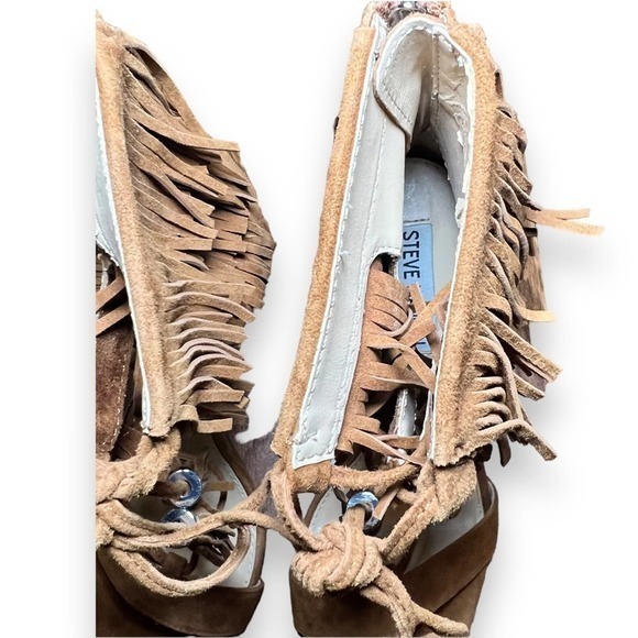 Steve Madden Womens Shay Sandal High Heel Shoes Brown Suede Fringe Tassel Zip 8M - Picture 4 of 11